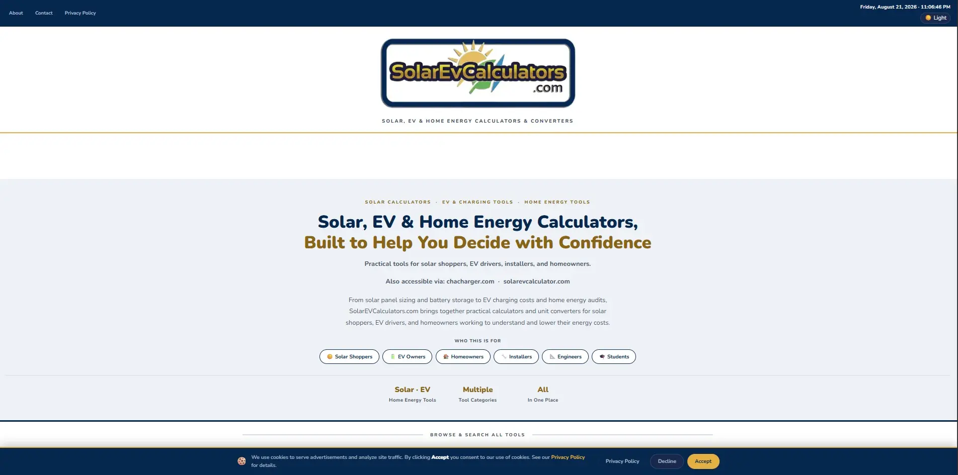 SolarEVCalculators.com homepage. Opens the destination.